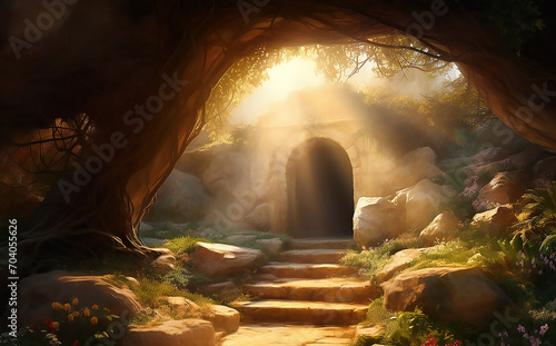 Empty Tomb - Resurrection Of Jesus Christ With Abstract Lights And Flare Effect.