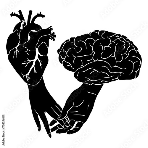 Human heart and brain holding hands. Creative concept. Union between control and emotions. Black and white silhouette.