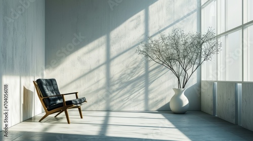 Minimalist Scandinavian design with an armchair and a large flowerpot by the window.