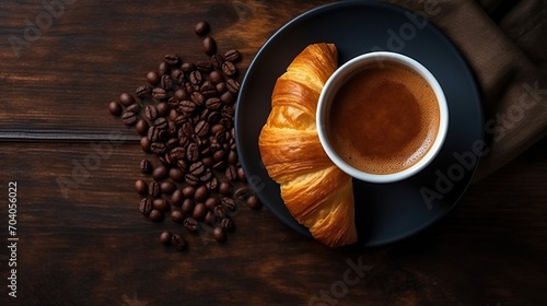 A cup of aromatic coffee with a croissant