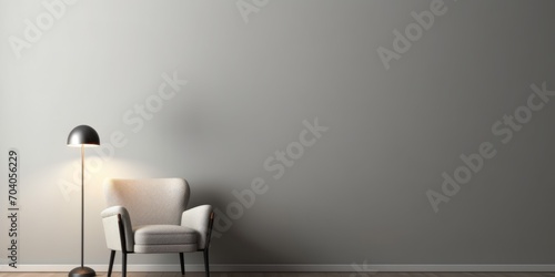 Minimalist Scandinavian interior with white armchair and lamp.