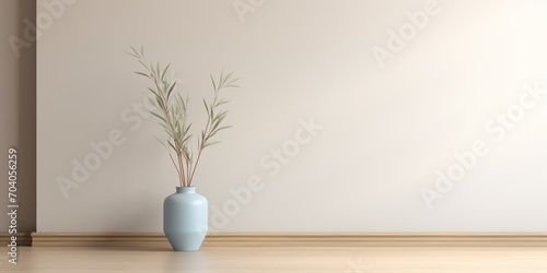 The interior with a plain wall and a flower pot on a wooden floor. © savvalinka