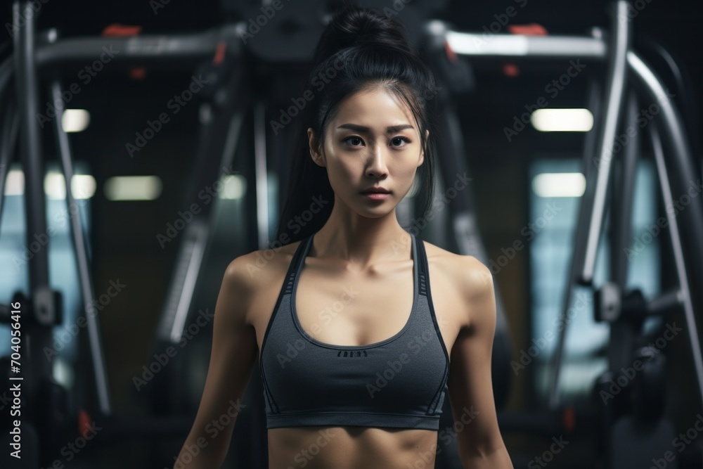 a fit asiatic woman wearing sport clothes working out in the gym 