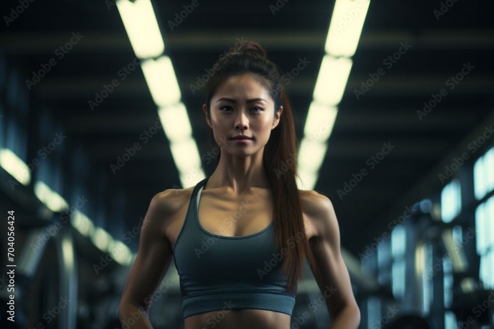 a fit asiatic woman wearing sport clothes working out in the gym a fit asiatic woman wearing sport clothes working out in the gym