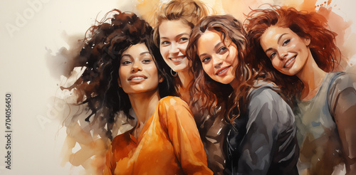 Group of diverse young women in watercolor style with copyspace for women's day concept