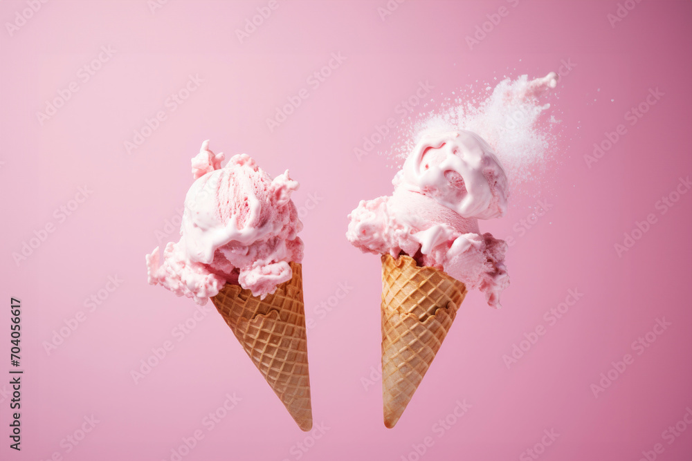 Levitating waffle cones filled with pink strawberry ice cream, with pieces artistically flying away, set on a blush pink backdrop creating a playful and vibrant scene Levitating waffle cones filled with pink strawberry ice cream, with pieces artistically flying away, set on a blush pink backdrop creating a playful and vibrant scene