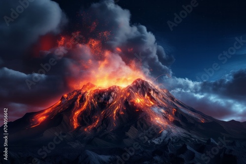 a volcano with a lava inside of it at night time with a bright orange glow on the ground and a dark blue 