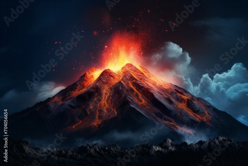a volcano with a lava inside of it at night time with a bright orange glow on the ground and a dark blue 