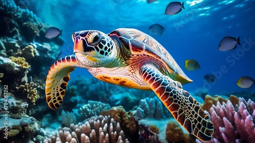 A green sea turtle swimming in a beautiful blue ocean reef at an island with fishes, seaweed and corals photo