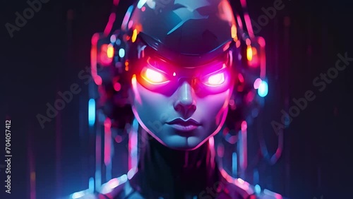 Futuristic cyborg neon robot neon colors. Artificial intelligence technology. Looped seamless footage for your event, concert, stage design, title, presentation, site, DVD, designers, editors and VJ s photo