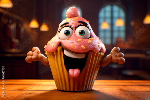 Muffin. Welcome to cafe. Red Velvet Cupcake with a cute face smiling welcomingly on the table. Amusing illustration for children's menu, signboard, book, notebook. photo
