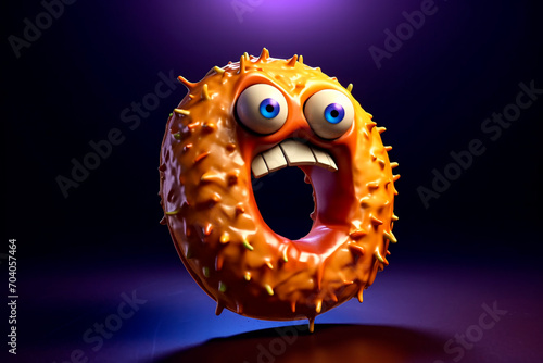 Angry donut monster on dark background.  Unhealthy food. Donut with muzzle screaming and waving. National Donut Day or Fat Thursday. Illustration for pizzeria, cafe, menu, advert, cover.