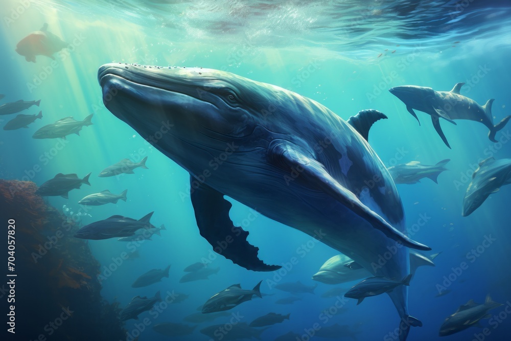 Fototapeta premium a great blue whale swimming in the ocean