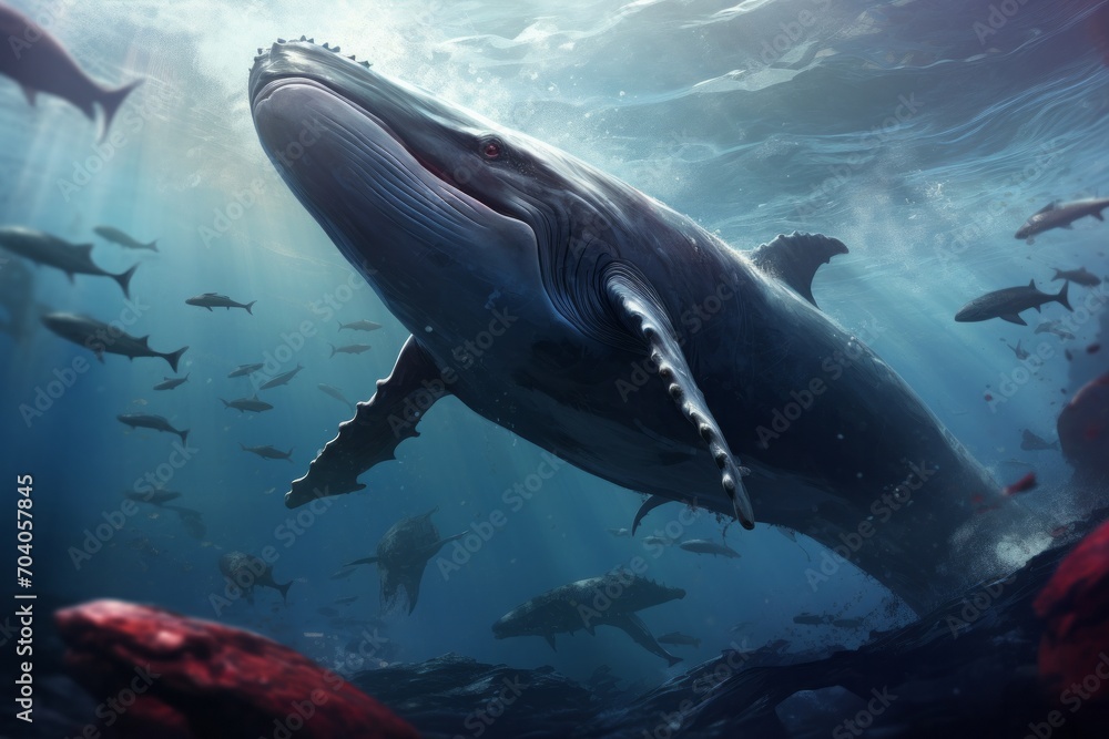 Fototapeta premium a great blue whale swimming in the ocean