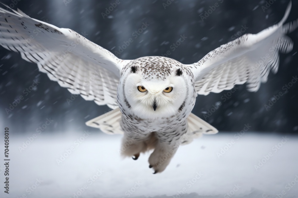 Naklejka premium an owl flying in the snow in winter