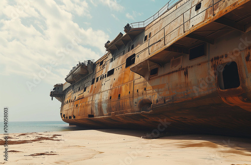 Rusting Hull of an abandoned Aircraft carrier on a beach