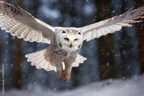 an owl flying in the snow in winter