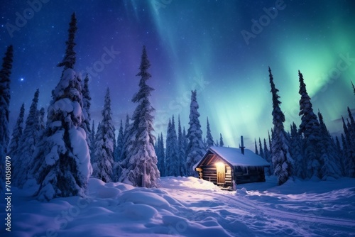 a wooden cabin in a snowy forest under the northern lights shining in the sky © urdialex