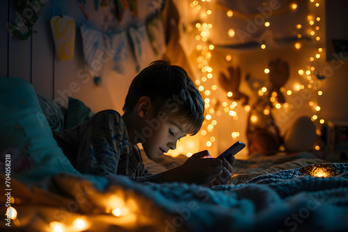 Cute little boy using smartphone while lying in bed at night