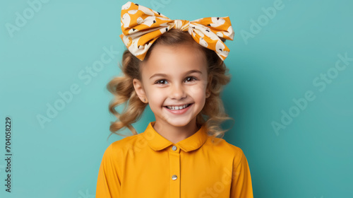 beautiful smiling little girl with headband and wavy hair on color background in studio, happy child, children's fashion, portrait, kid, childhood, stylish person, cute baby, hairband, emotional face photo