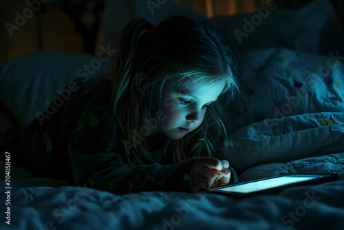 Cute little girl using tablet computer in bed at night. Child using mobile phone at home
