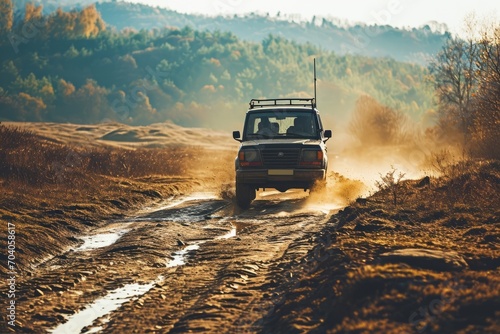 a 4x4 car driving offroad on a dusty countryside road  photo