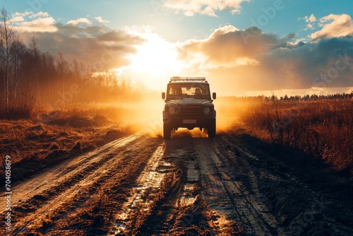 a 4x4 car driving offroad on a dusty countryside road  photo