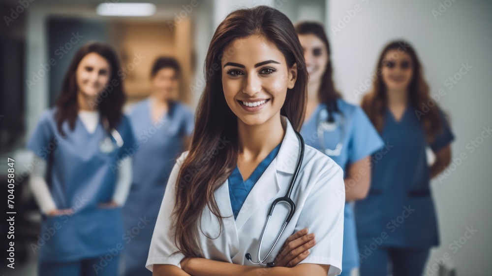 A young female doctor is standing in a hospital corridor