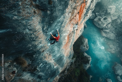 a fit climber climbing a stone cliff over a river