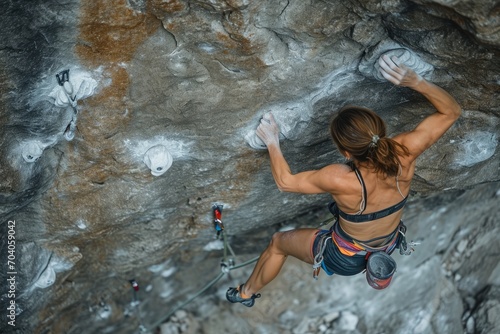 a fit woman climbing in a rock wall in nature