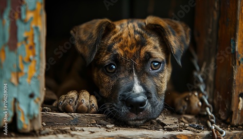Furious dog on a leash  standing in a broken house  with a hungry expression  on a plain background