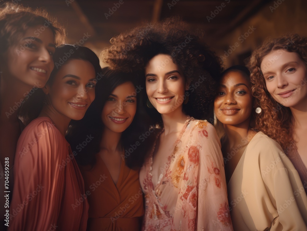 Fototapeta premium International Women's Day portrait of cheerful multiethnic mixed age range women smiling towards the camera, 