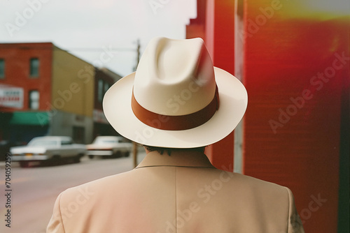 Back side of a man with hat - retro film photo