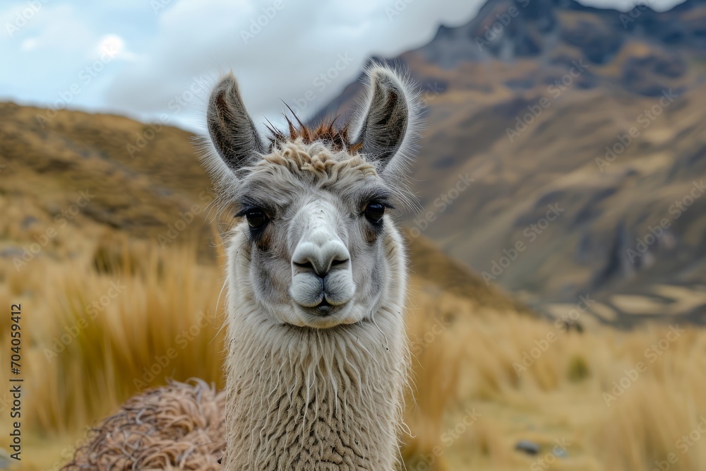 Obraz premium a close up shot of a llama looking to camera in andes mountains