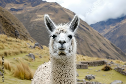 a close up shot of a llama looking to camera in andes mountains