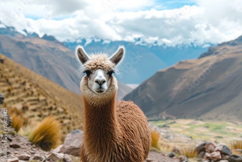 a close up shot of a llama looking to camera in andes mountains photo