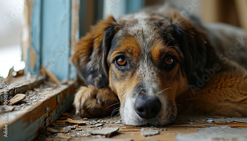 Lonely and dejected dog on a leash, longing for food amidst the desolation of a broken down house photo