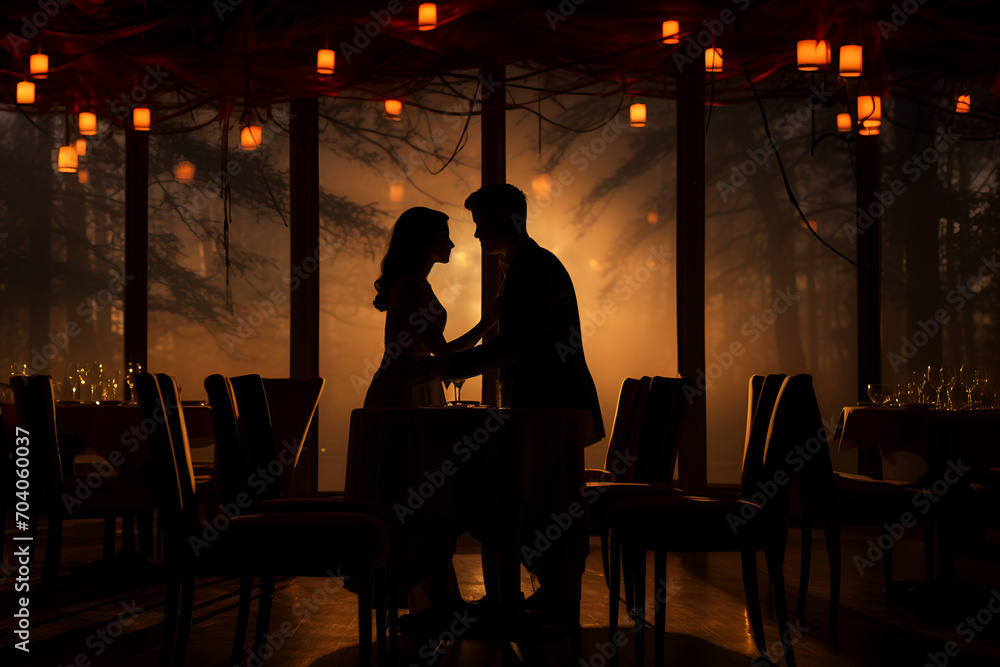 Silhouette of a couple in a restaurant