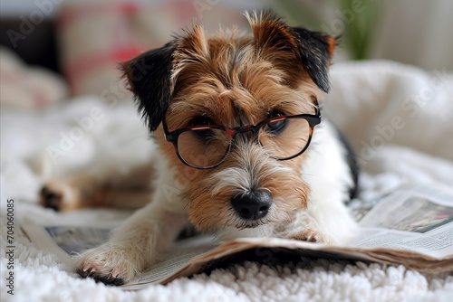 Cute and clever dog wearing trendy glasses sits on chairs, engrossed in reading a newspaper