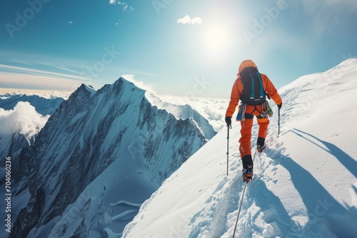 an alpinist reaching the summit of a snowy mountain in a big mountain range photo