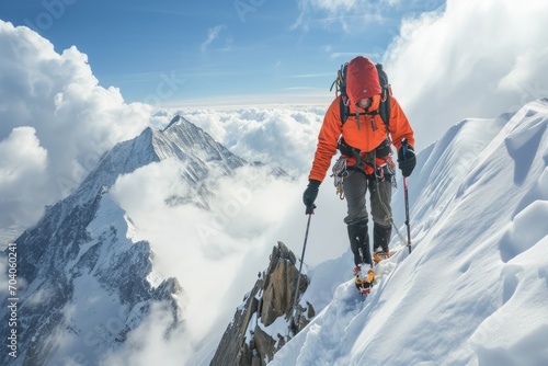 an alpinist reaching the summit of a snowy mountain in a big mountain range over a sea of clouds 