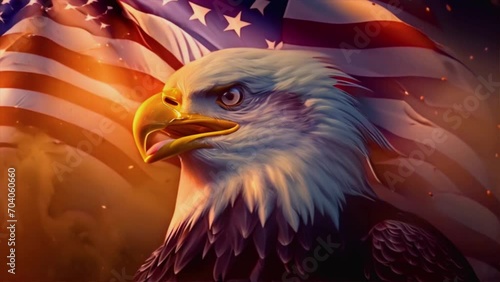Bald Eagle against animated background of American flag waving in the wind Animation, the national bird and national animal of the United States, close up view. photo
