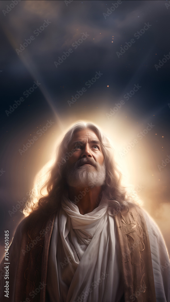 Portrait of a Prophet with long gray hair and gray beard, bright light behind him, dark background, copy space, vertical background Portrait of a Prophet with long gray hair and gray beard, bright light behind him, dark background, copy space, vertical background