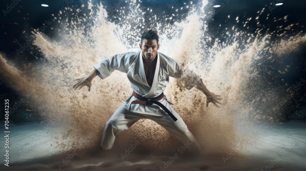 Obraz premium Sports Olympic games background, martial art empowering, sand splash