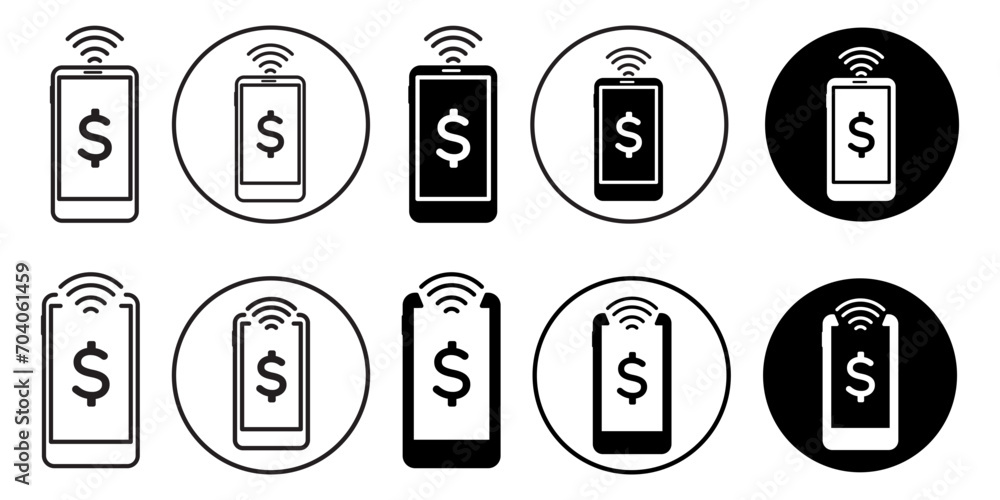 NFC symbol Icon. Mobile device with dollar sign wifi connect shows online purchase or shopping through website retail store by digital payment vector set collection. Flat outlined buying transaction NFC symbol Icon. Mobile device with dollar sign wifi connect shows online purchase or shopping through website retail store by digital payment vector set collection. Flat outlined buying transaction
