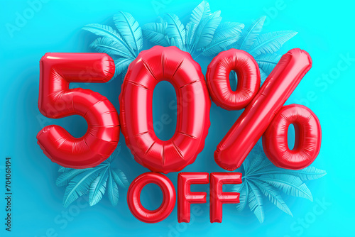 a 50% off sale sign made out of colorful red balloons  photo