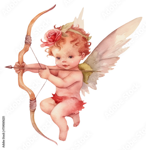 Watercolor illustration of cute Valentines Day cupid. Angel, love. Ai generated. Transparent background, png
