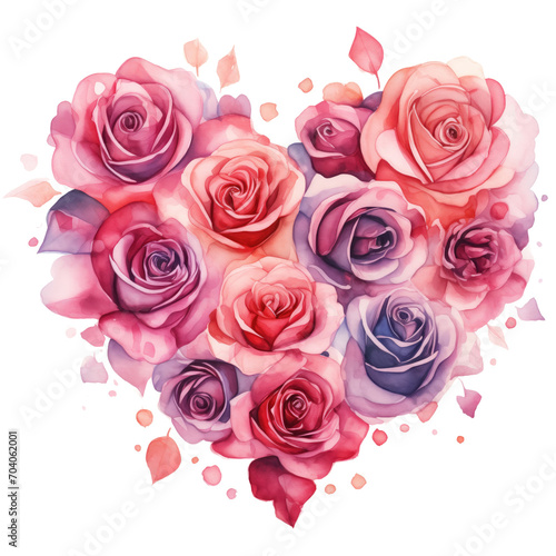 Watercolor heart made of roses isolated on transparent background.