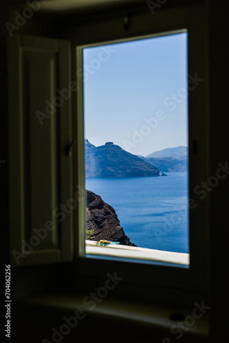 Great view from the a windows of a cliff hotel of Santorini island greece