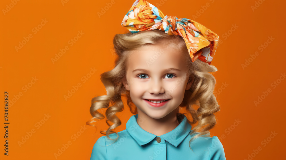 beautiful smiling little girl with headband and wavy hair on color background in studio, happy child, children's fashion, portrait, kid, childhood, stylish person, cute baby, hairband, emotional face beautiful smiling little girl with headband and wavy hair on color background in studio, happy child, children's fashion, portrait, kid, childhood, stylish person, cute baby, hairband, emotional face